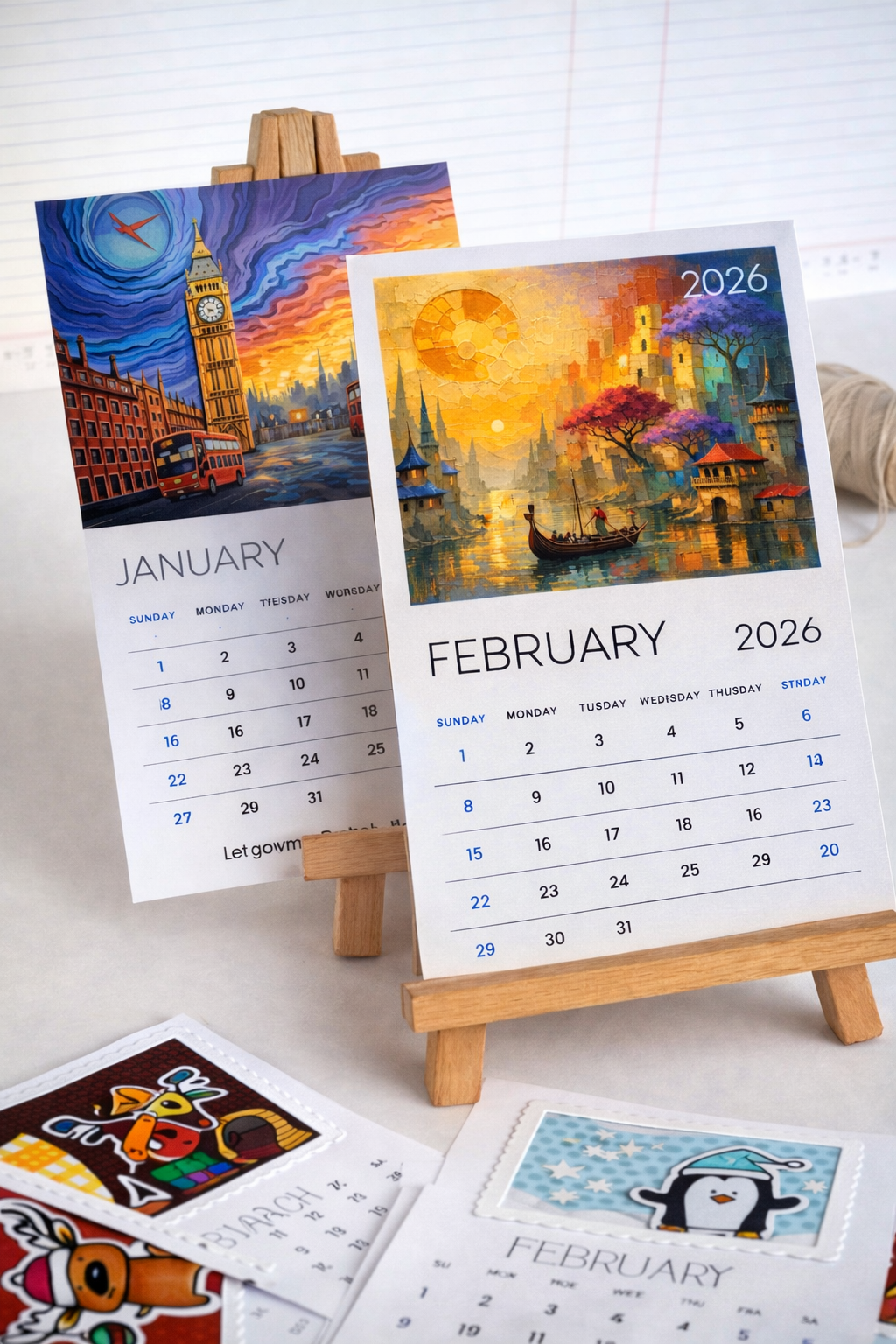 Desk Calendar 2026 with Wooden Easel Stand | Premium Art Calendar with Rounded Corners | Aesthetic Table Calendar for Home, Office & Gifting
