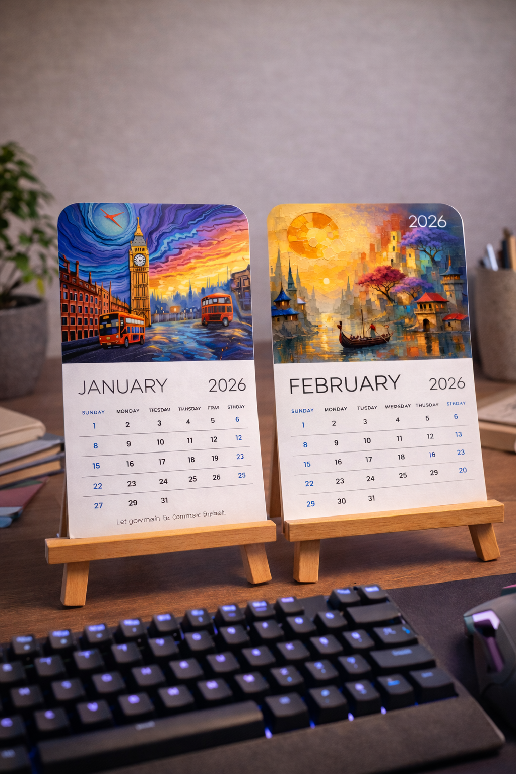 Desk Calendar 2026 with Wooden Easel Stand | Premium Art Calendar with Rounded Corners | Aesthetic Table Calendar for Home, Office & Gifting