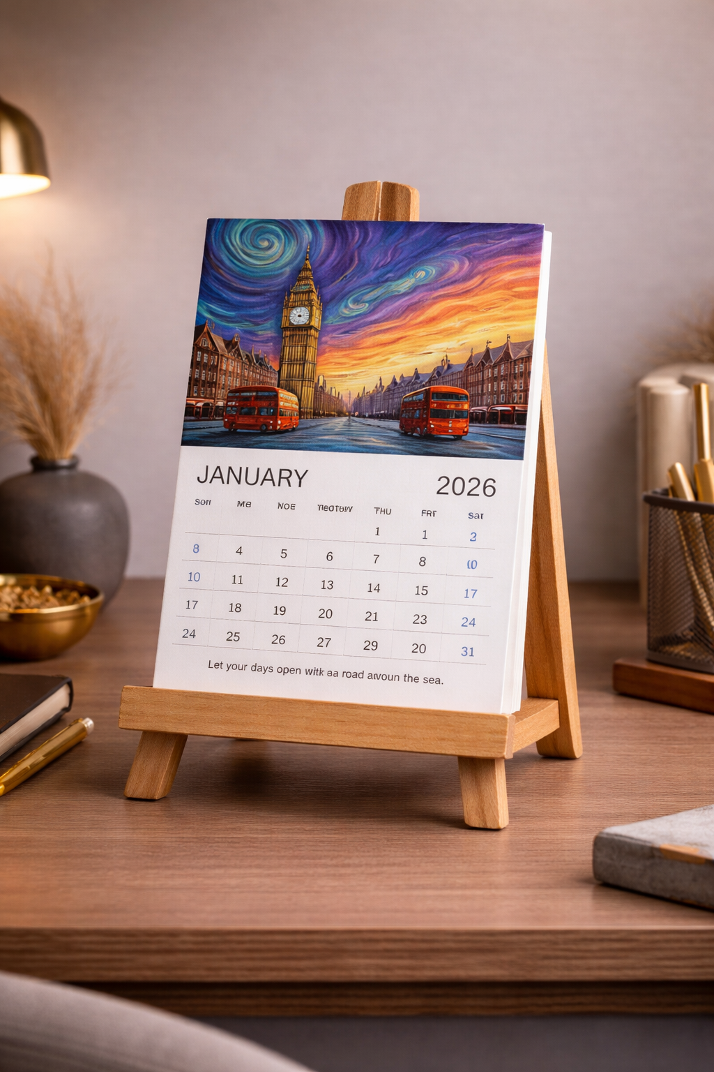 Desk Calendar 2026 with Wooden Easel Stand | Premium Art Calendar with Rounded Corners | Aesthetic Table Calendar for Home, Office & Gifting