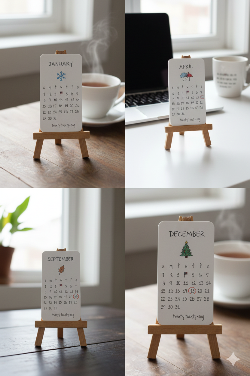 Minimal Hand-Illustrated Desk Calendar | Aesthetic Monthly Table Calendar with Stand