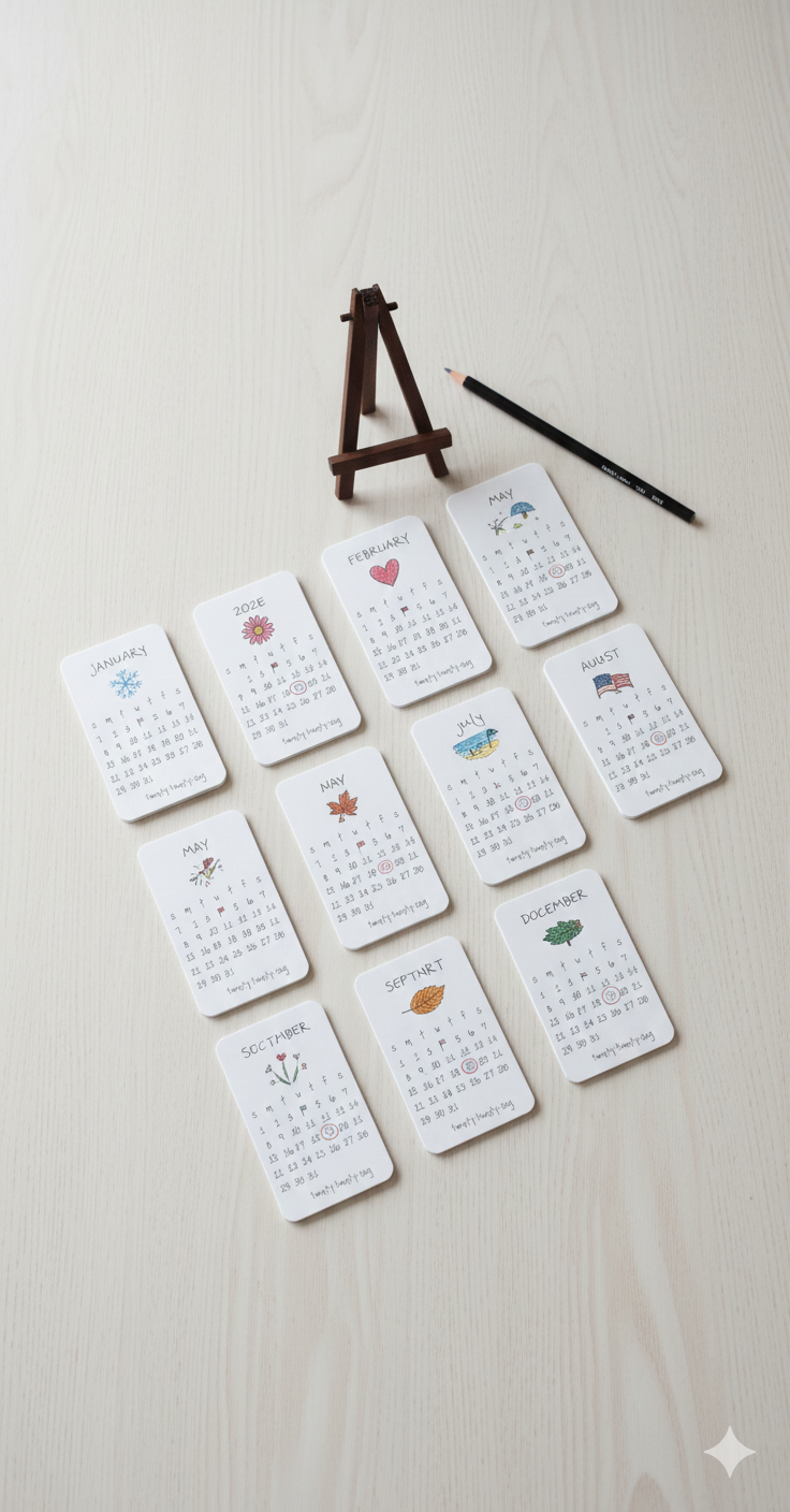 Minimal Hand-Illustrated Desk Calendar | Aesthetic Monthly Table Calendar with Stand